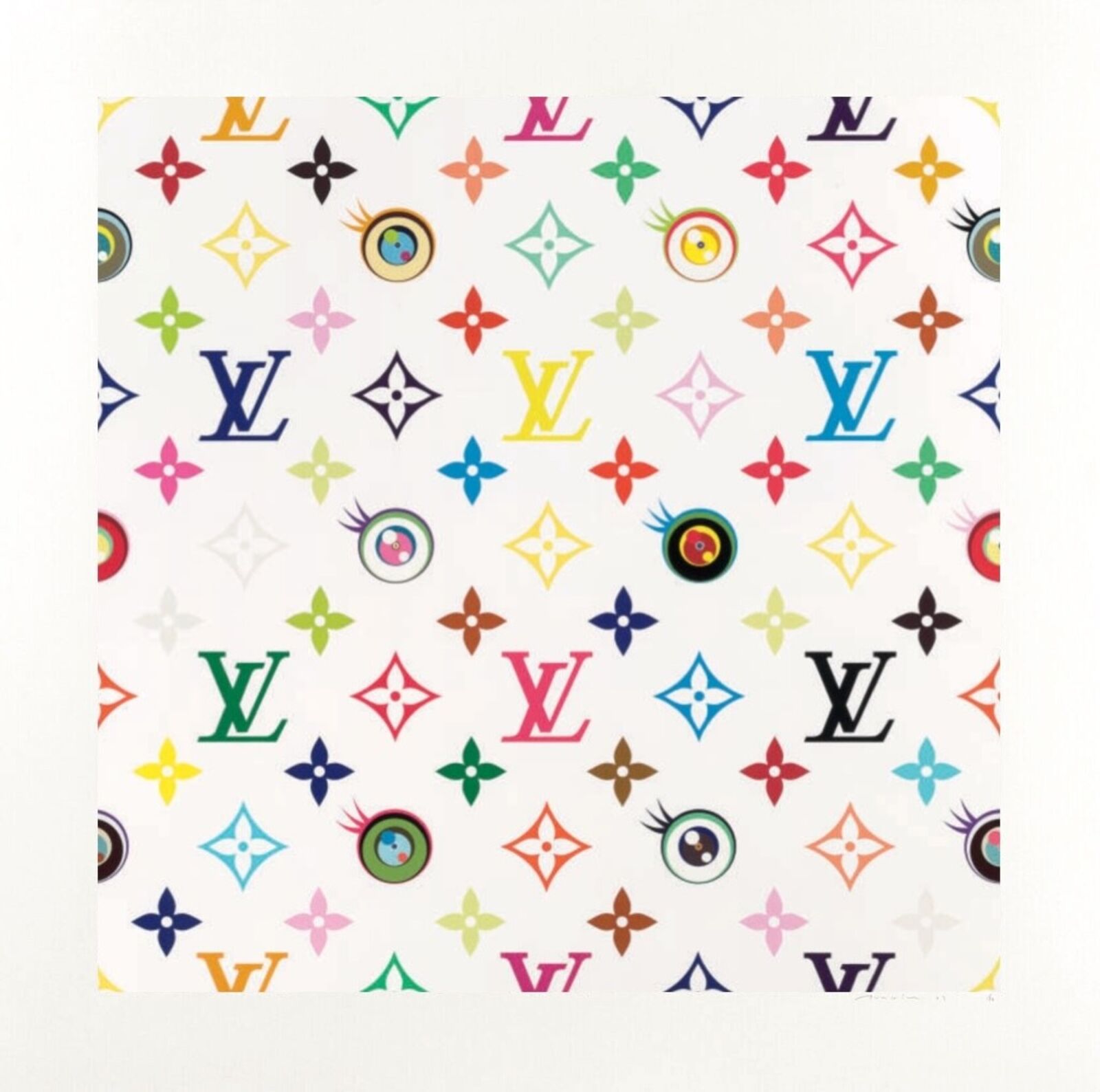 A white background with a pattern of colorful eyes on it.