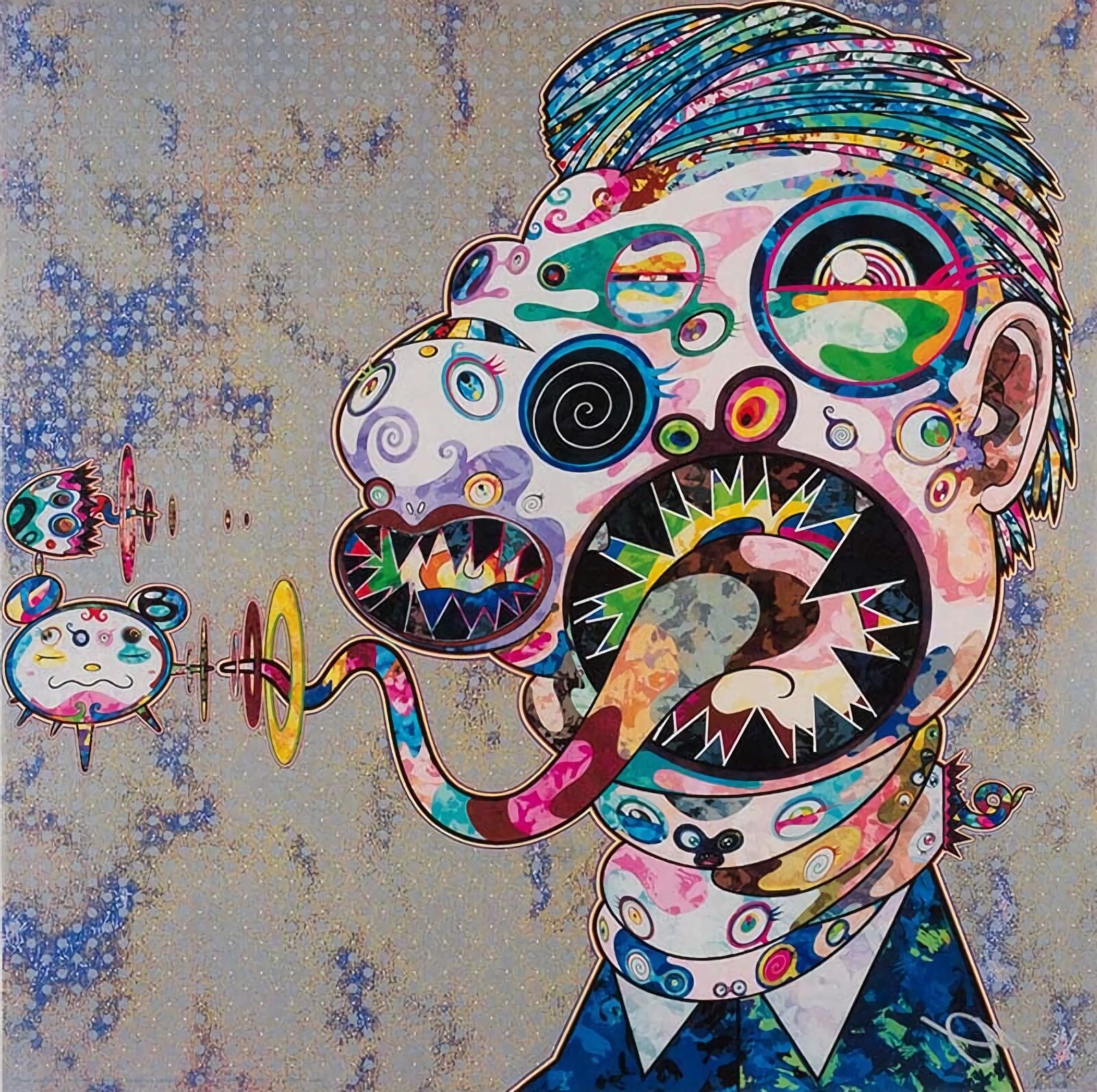 A painting of a man with a snake in his mouth.