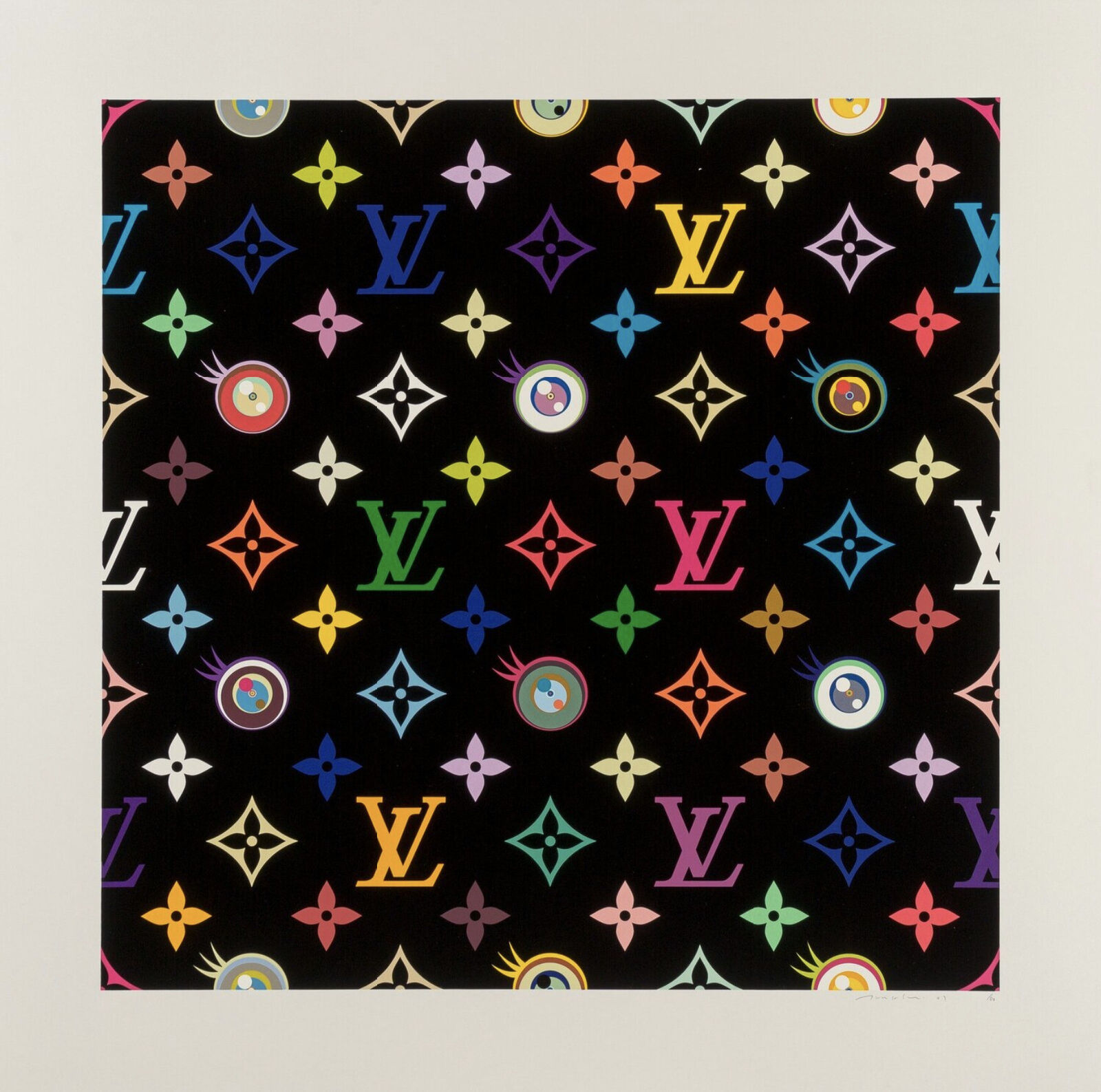 A black background with a pattern of colorful Louis Vuitton logos.