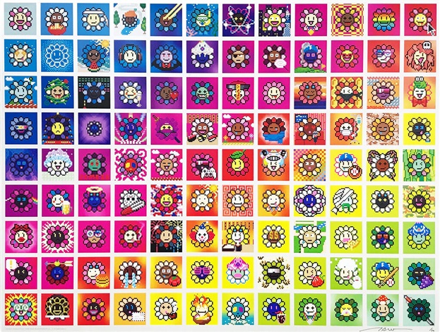 Artwork by Takashi Murakami, 108 Bonnō MURAKAMI.FLOWERS, Made of Offset print with silver and silkscreen pearlescent coating 