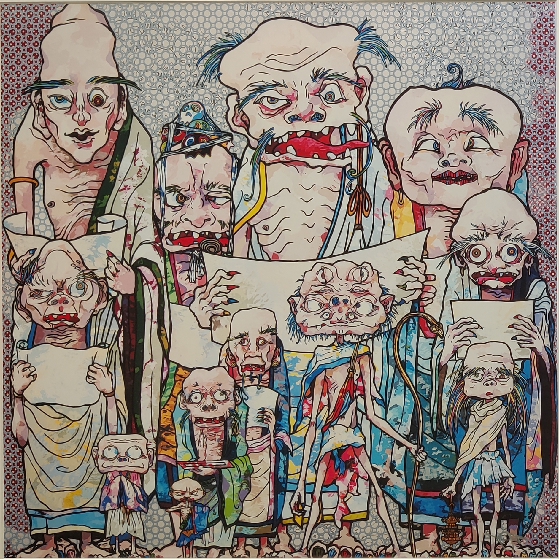 A painting of a group of people holding up a piece of paper.