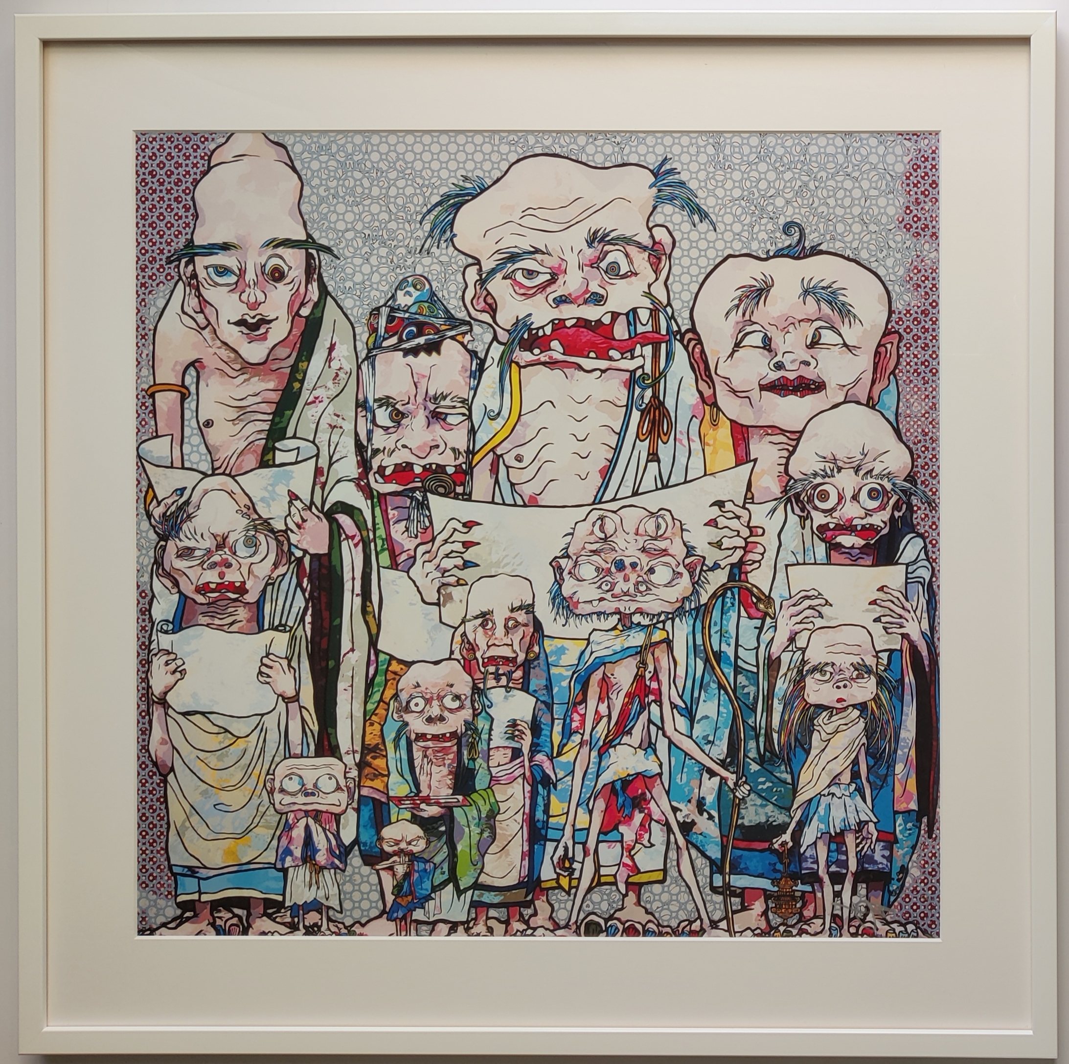 A painting of a group of people holding up a piece of paper.