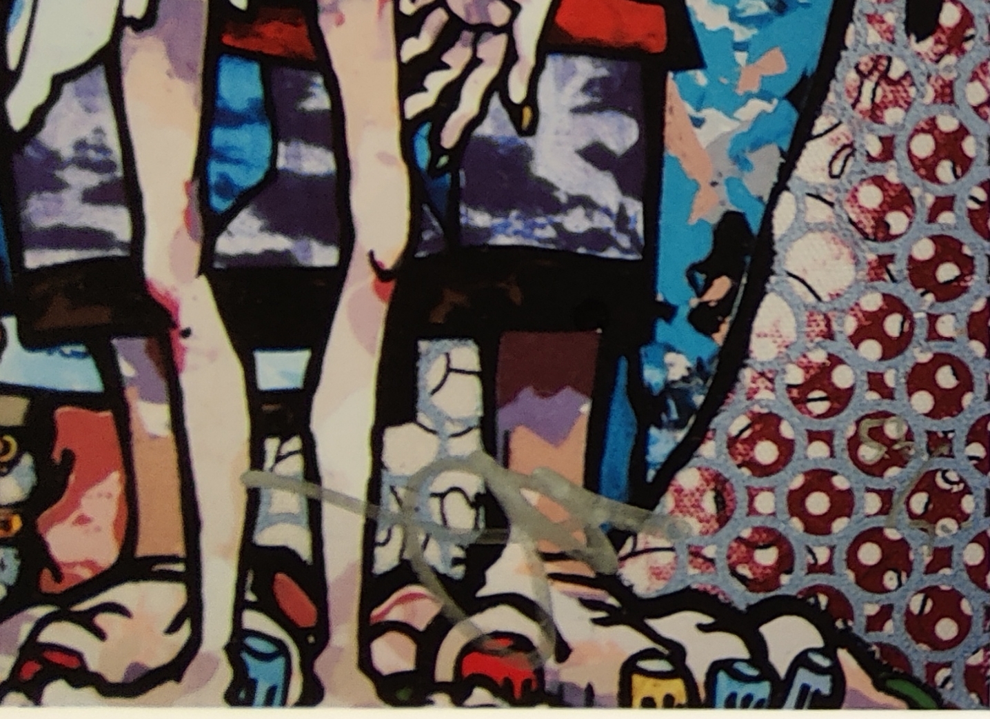 A painting of a group of people holding up a piece of paper.