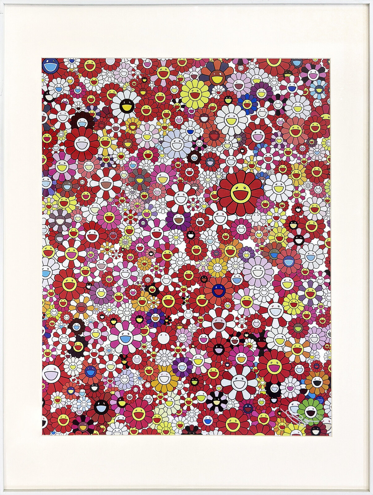 A dense, colorful mosaic of smiling flowers in a vibrant print.