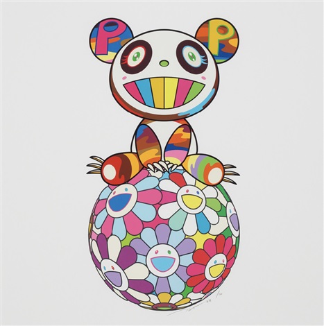 Artwork by Takashi Murakami, Atop a Ball of Flowers, a Panda Cub Sits Properly, Made of Silkscreen 