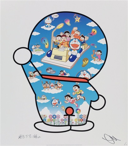 Artwork by Takashi Murakami, Doraemon, Let’s Go Beyond These Dimensions on a Time Machine with Master Fujiko F. Fujio!, Made of Offset print with silver and high gloss varnish 