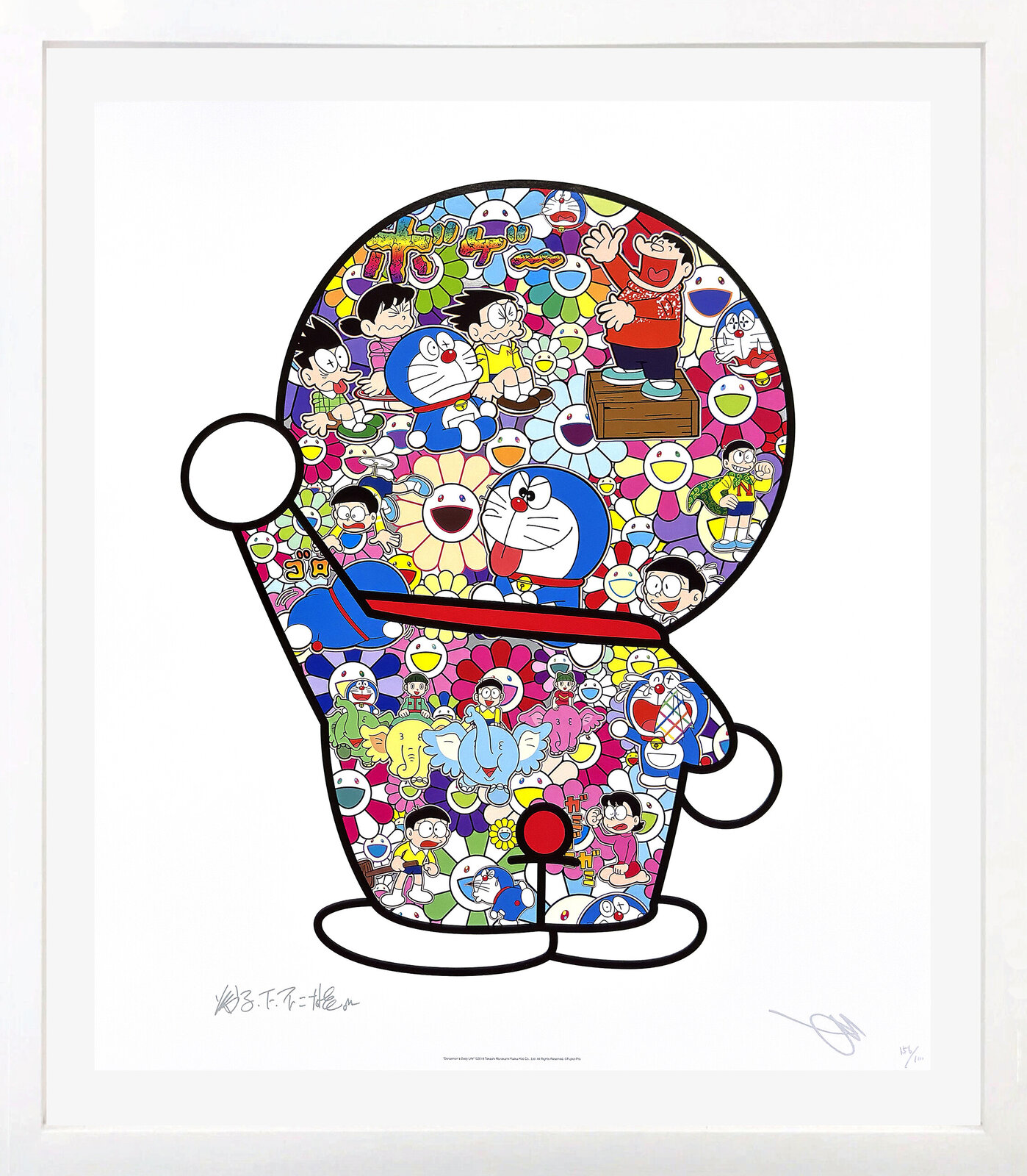 A colorful graphic print featuring a large blue robot silhouette filled with a chaotic collage of cartoon characters and flowers.