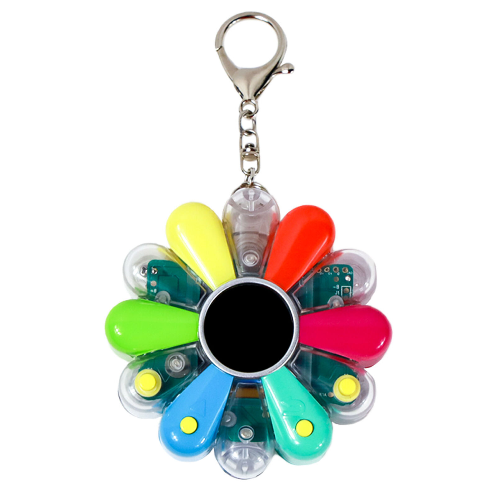 A colorful flower shaped keychain with a smiley face on it.