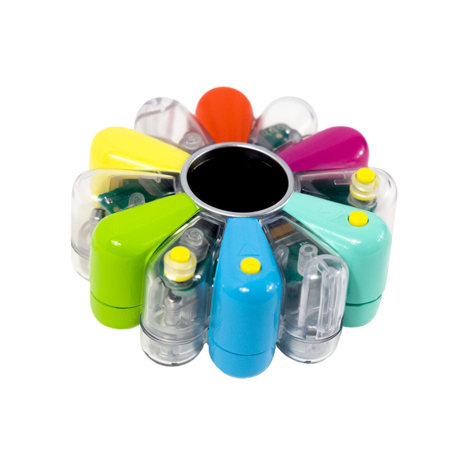 A colorful flower shaped keychain with a smiley face on it.