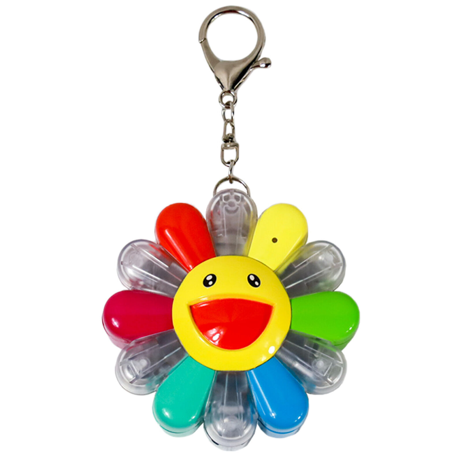 A colorful flower shaped keychain with a smiley face on it.