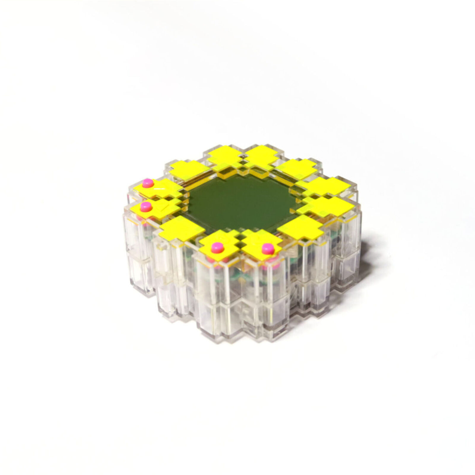 A yellow and black flower with a smiley face on it.