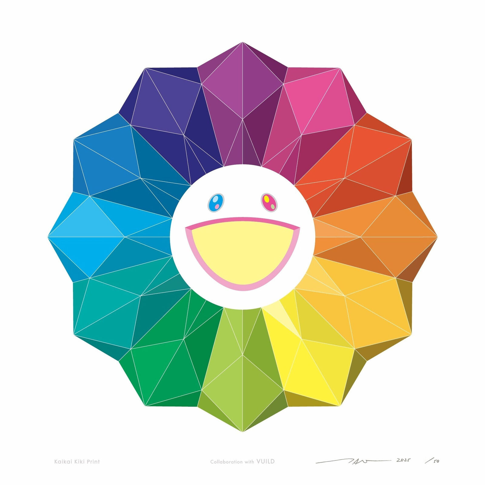 A colorful flower with a smiley face in the middle of it.