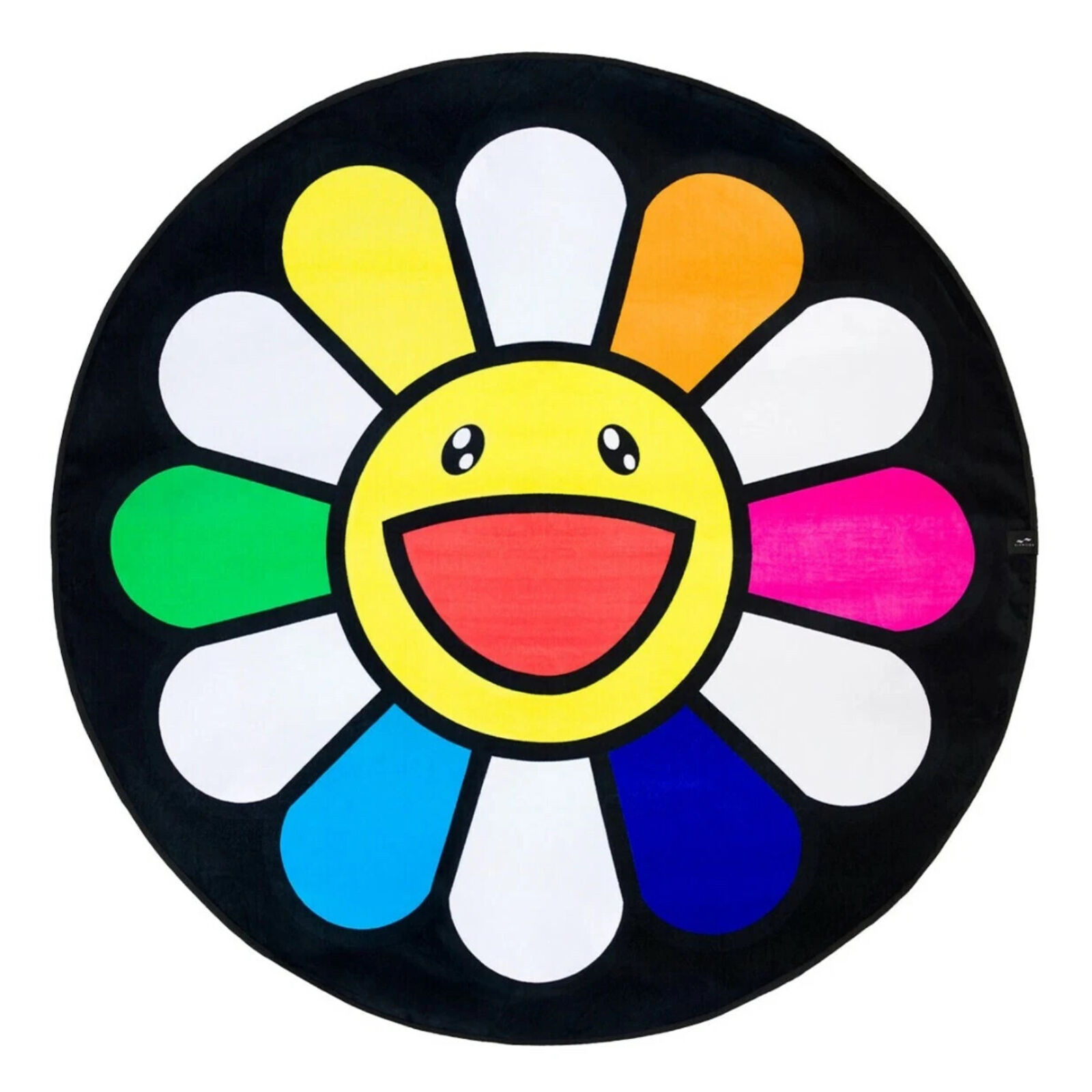 A smiley face on a black circle with a colorful flower on it.