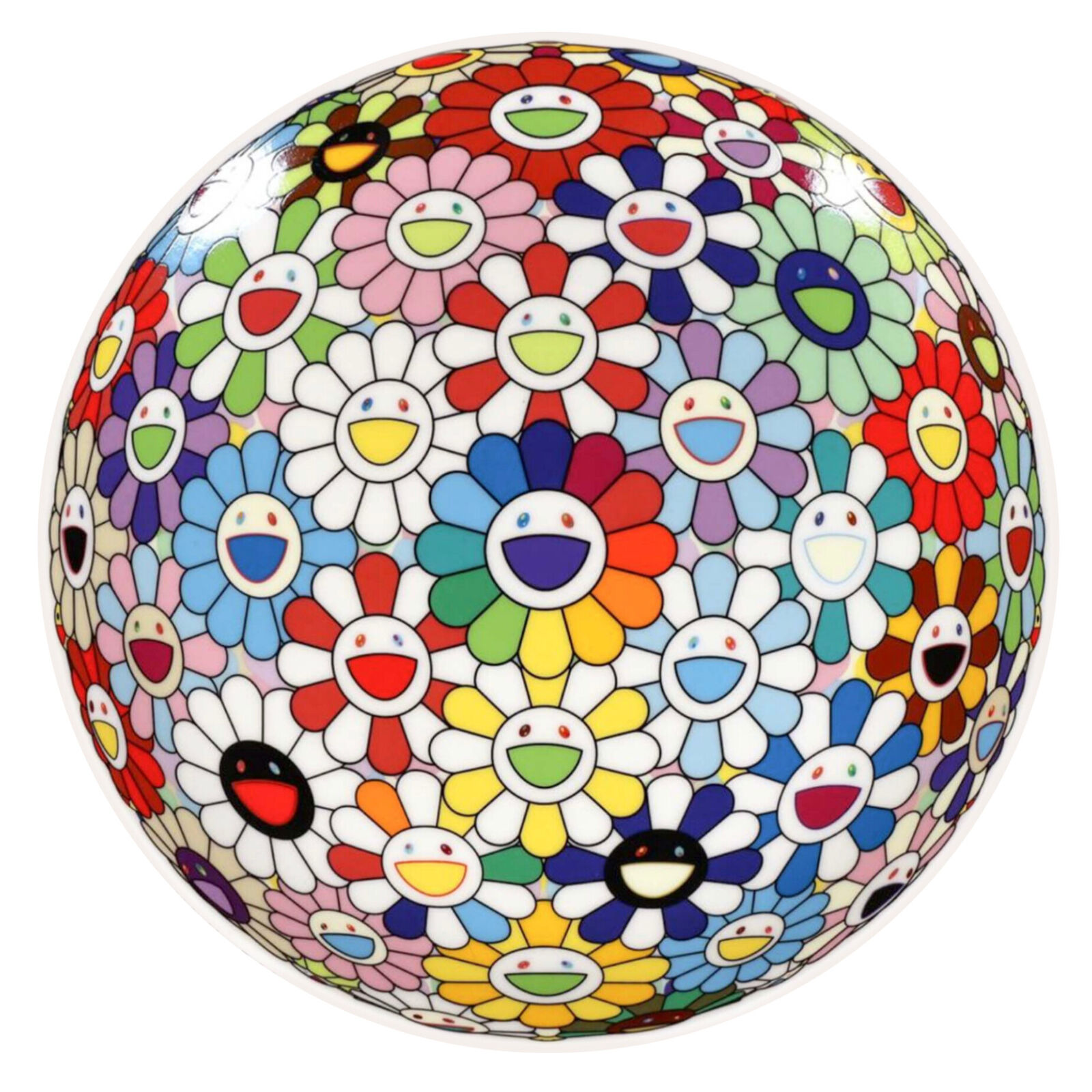 A colorful flower ball with smiley faces on it.