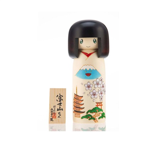 Artwork by Takashi Murakami, Fujisan-chan Kokeshi Doll, Made of Painted Japanese Mizuki timber wood with standing label and custom engraved box 