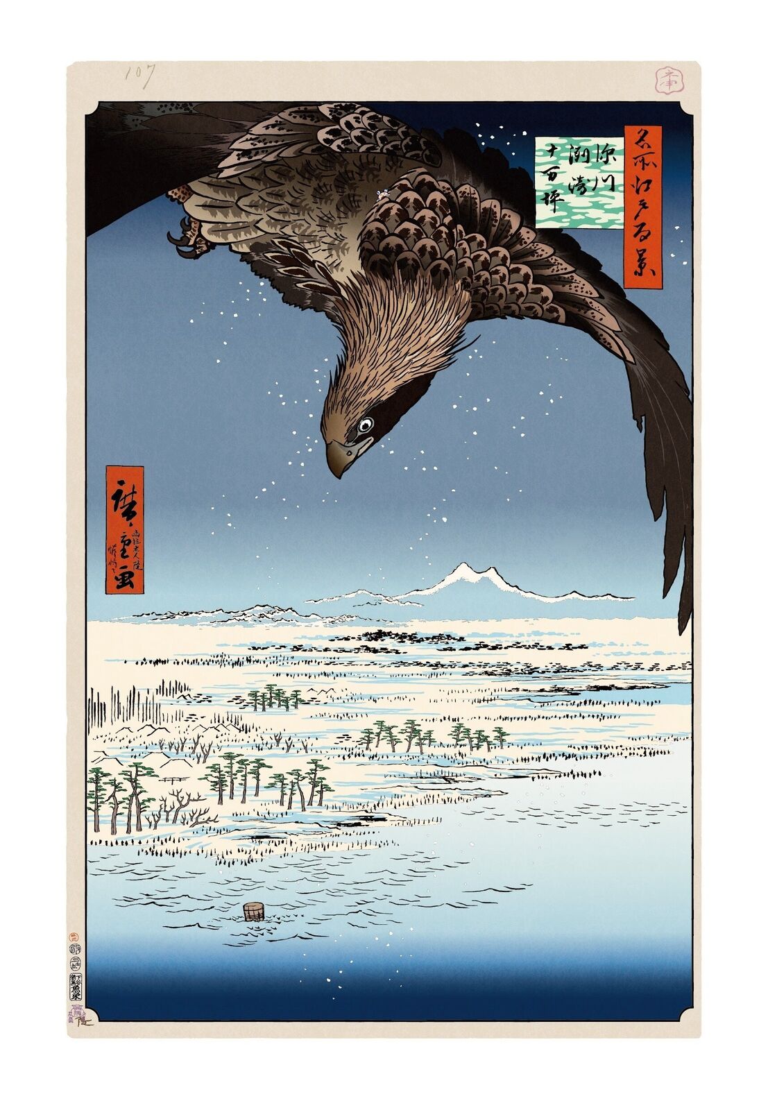 A painting of an eagle flying over a snowy landscape.