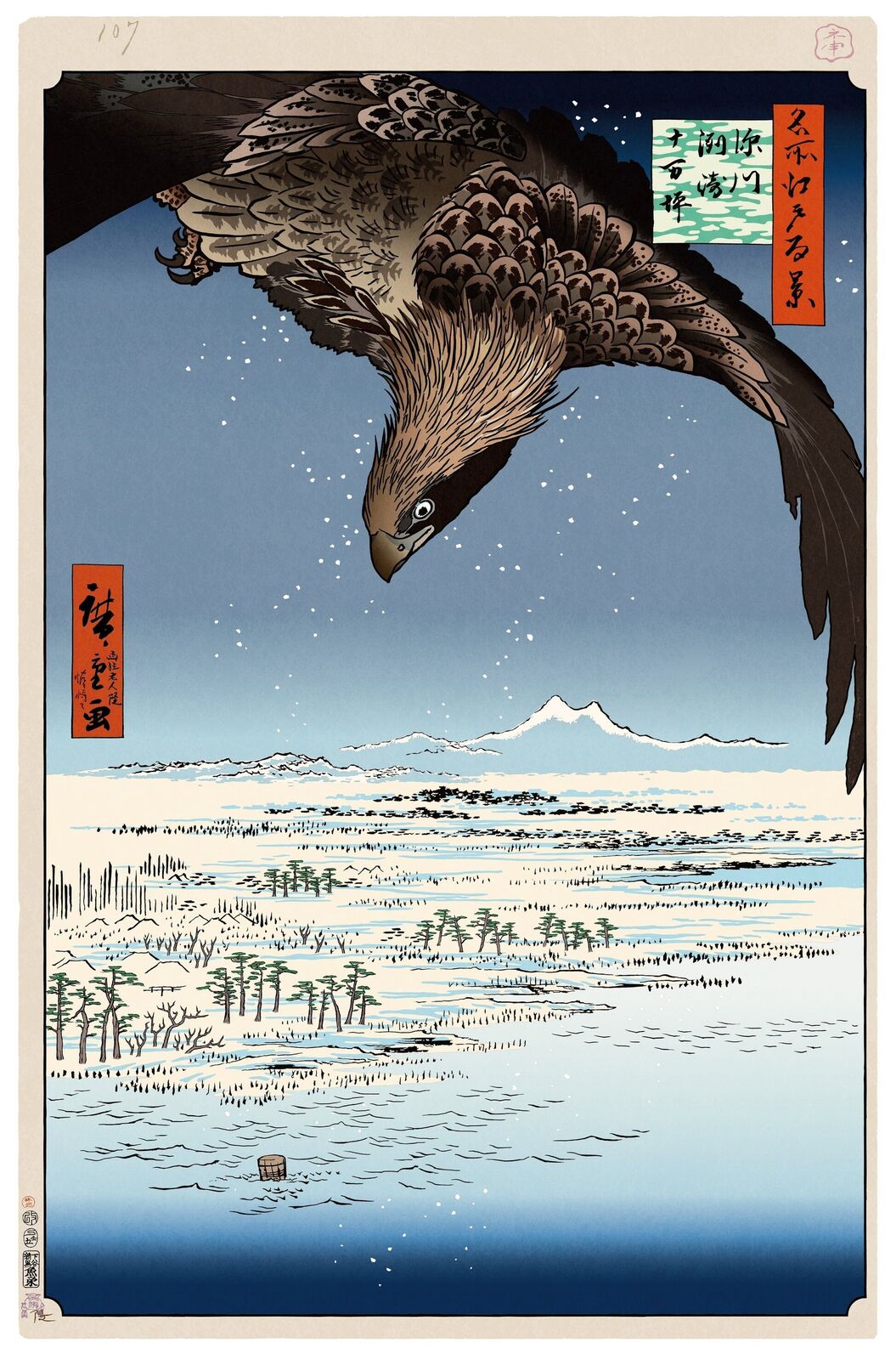 A painting of an eagle flying over a snowy landscape.