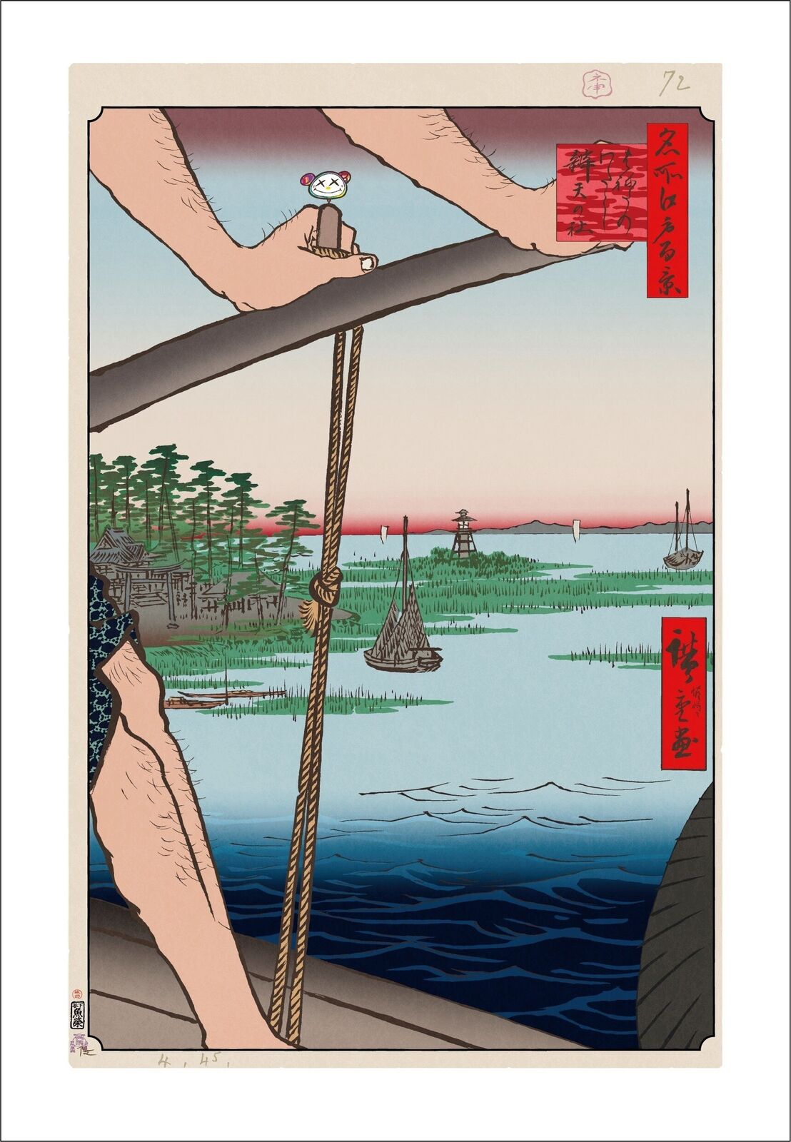 A painting of a man holding onto a rope with a boat in the background.