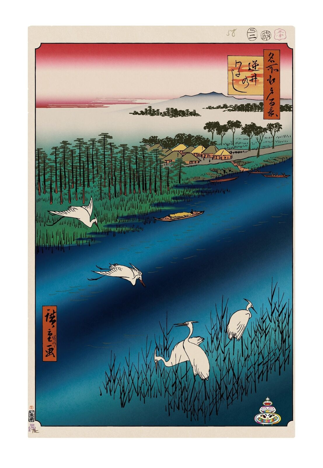 A painting of two white cranes flying over a body of water.