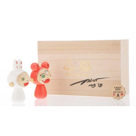 Artwork by Takashi Murakami, Kaikai & Kiki Kokeshi Dolls, Made of Painted Japanese Mizuki timber wood with standing label and custom engraved box 