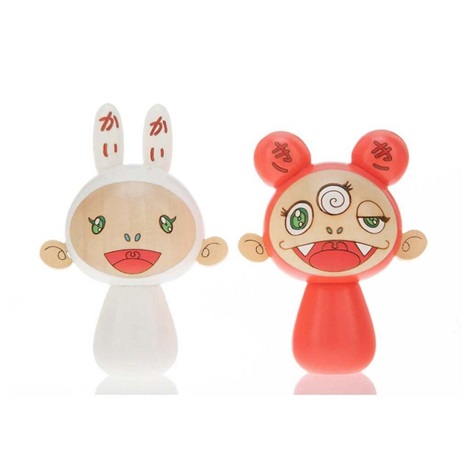 Artwork by Takashi Murakami, Kaikai & Kiki Kokeshi Dolls, Made of Painted Japanese Mizuki timber wood with standing label and custom engraved box 