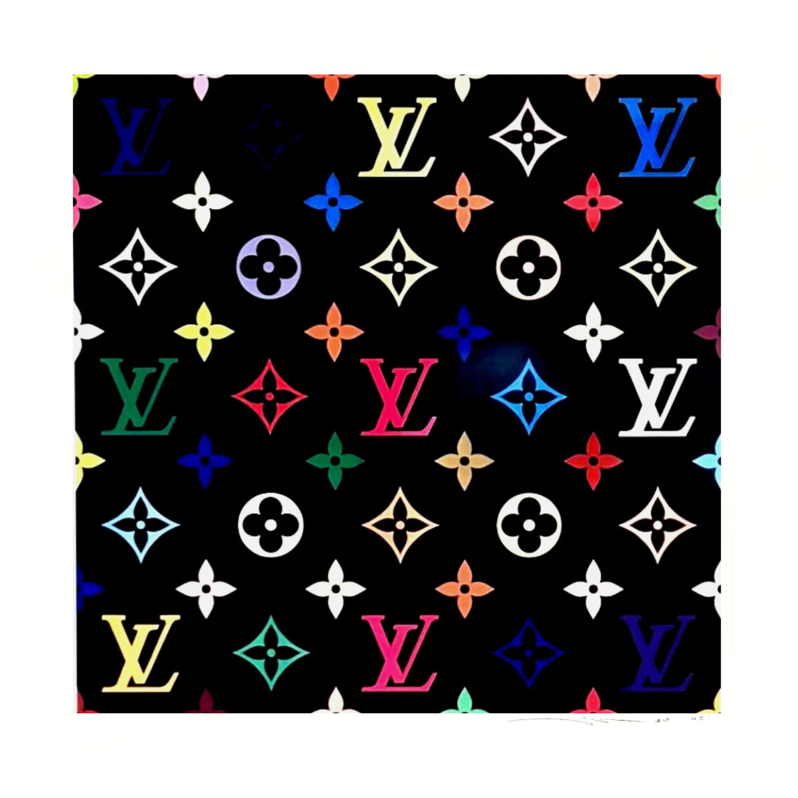 A black background with a pattern of colorful louis vuitton logos.