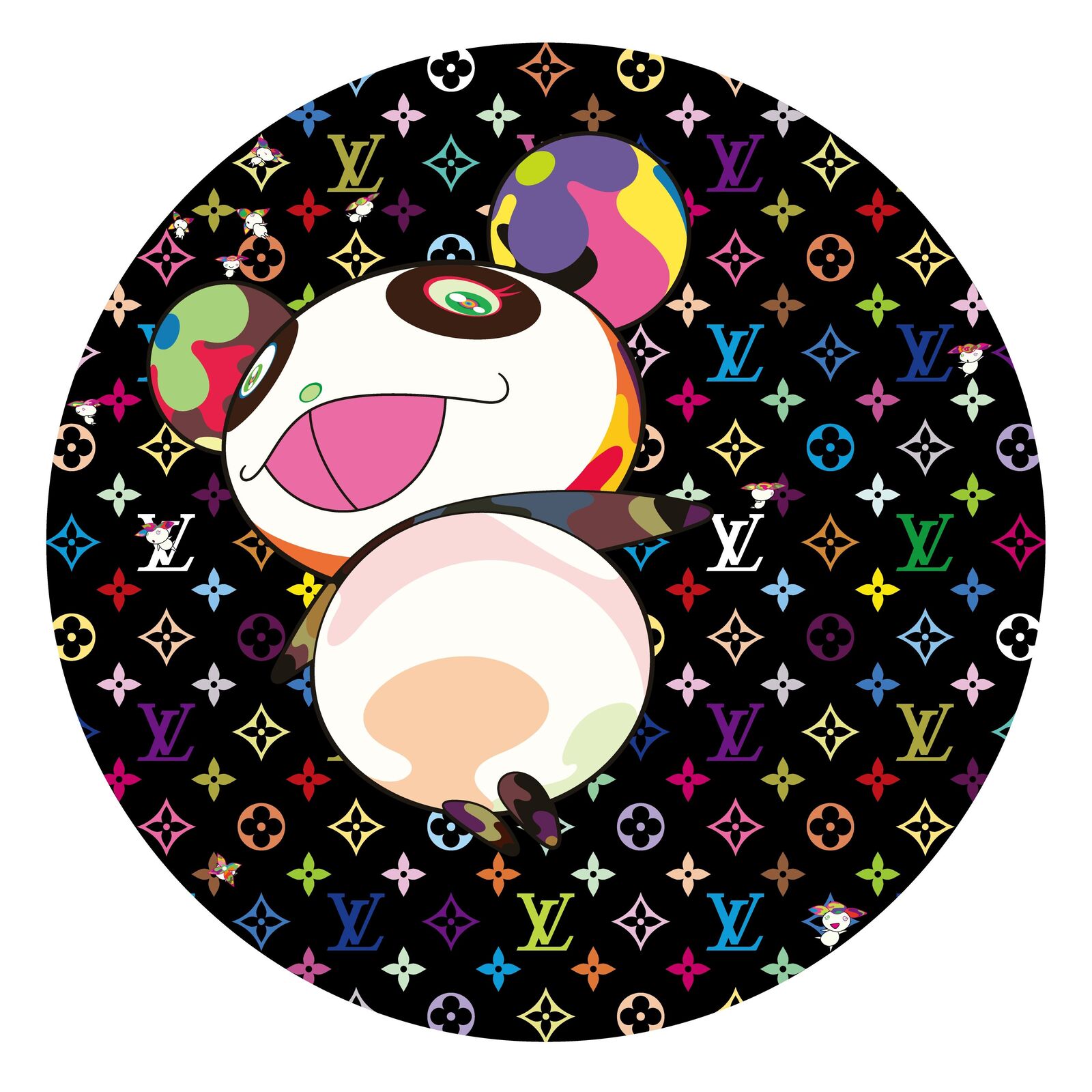 A panda bear sitting on top of a louis vuitton patterned circle.