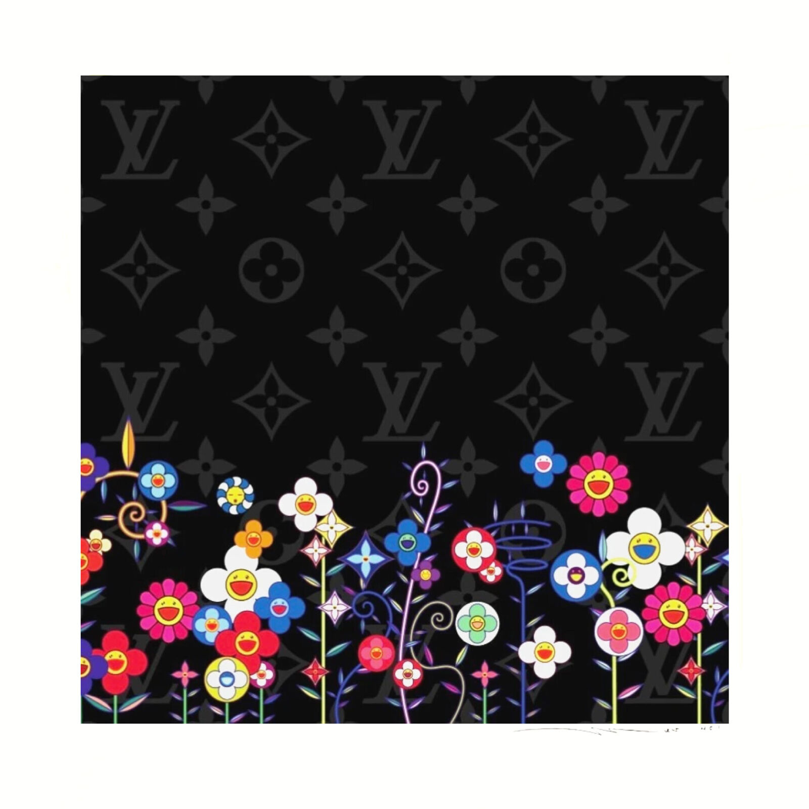 A black background with a bunch of flowers on it.