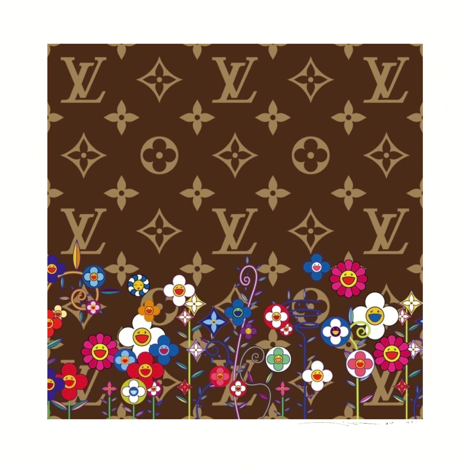 A brown louis vuitton pattern with flowers on it. 
