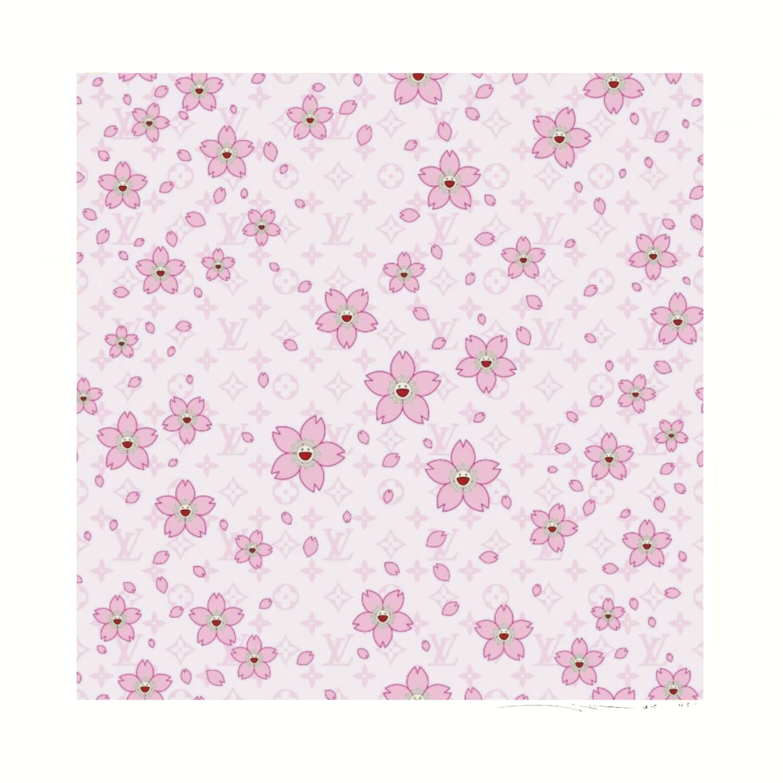 A pink and white floral pattern on a white background.