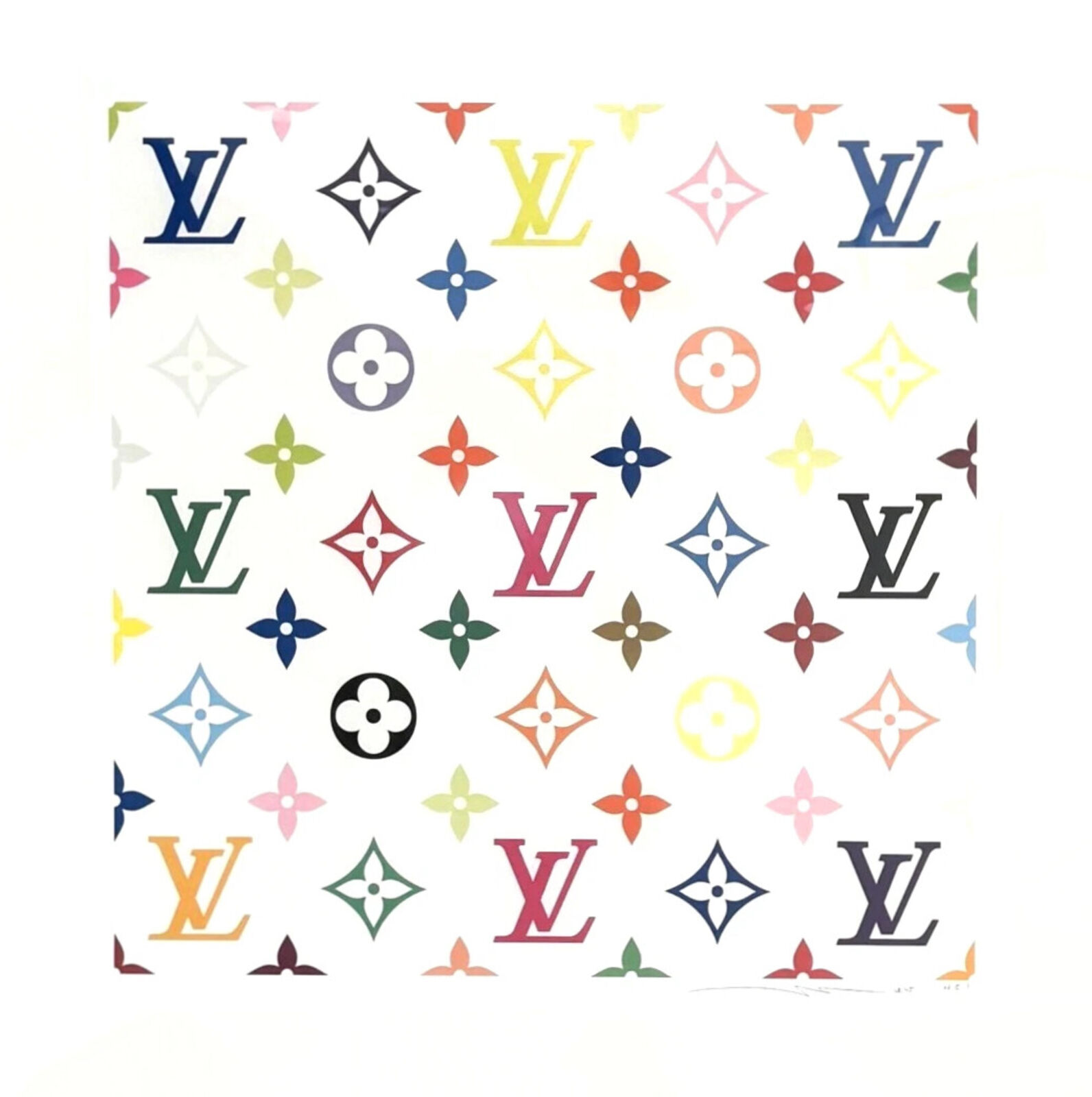A pattern of colorful louis vuitton logos on a white background.