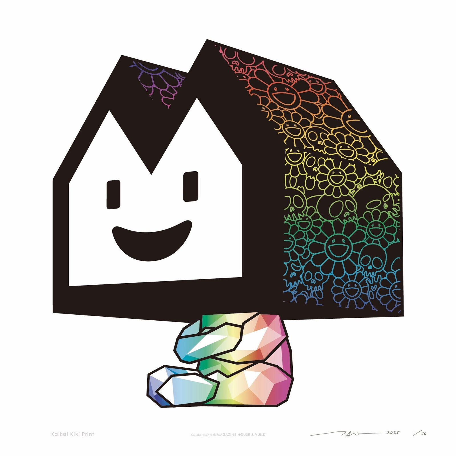 A house with a smiley face holding a crystal in front of it.