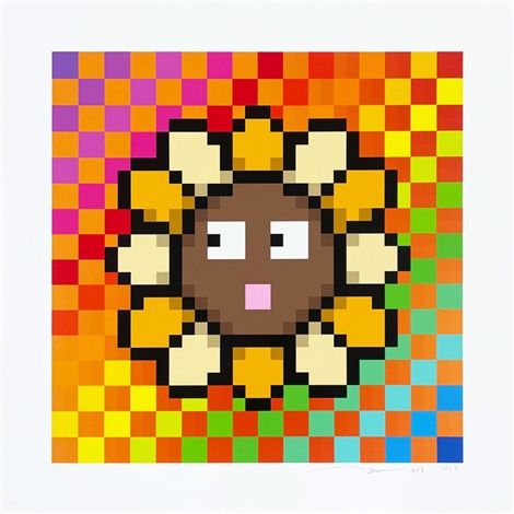 Artwork by Takashi Murakami, Murakami.Flower #8276 Diagonal striped rainbow 16×16, Made of Archival Pigment Print + Silkscreen 