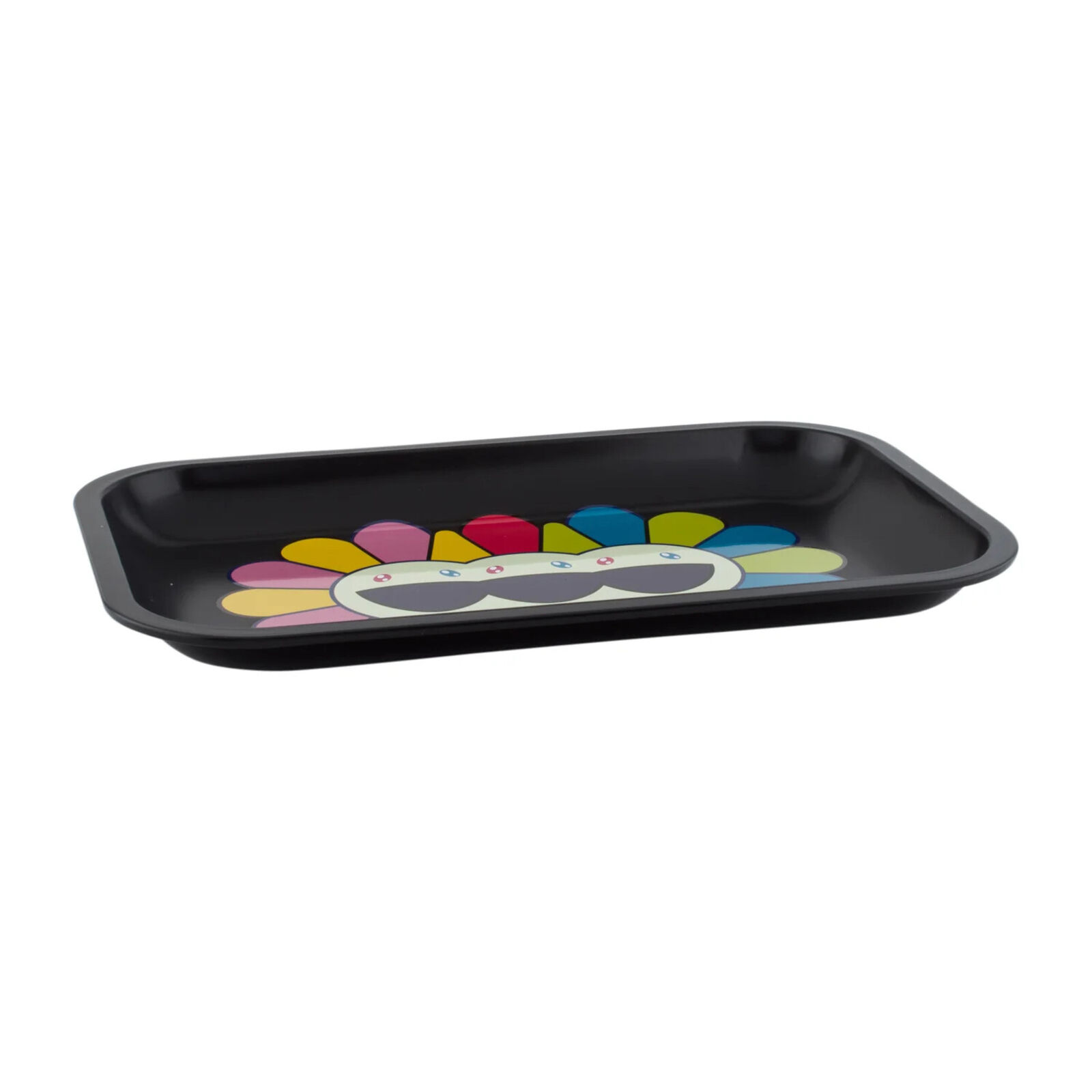 A black tray with a colorful flower design on it.