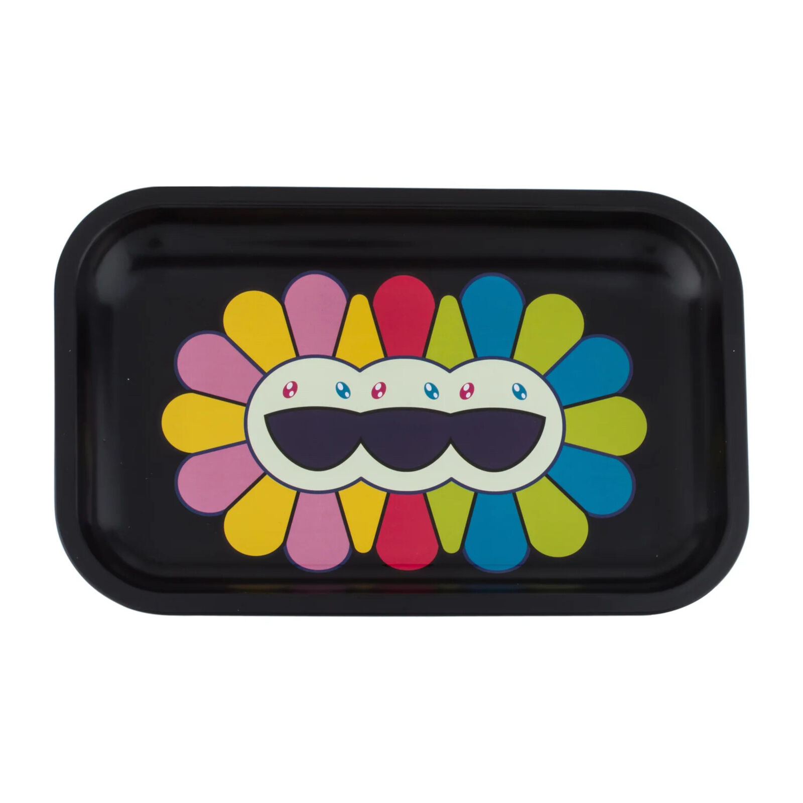 A black tray with a colorful flower design on it.