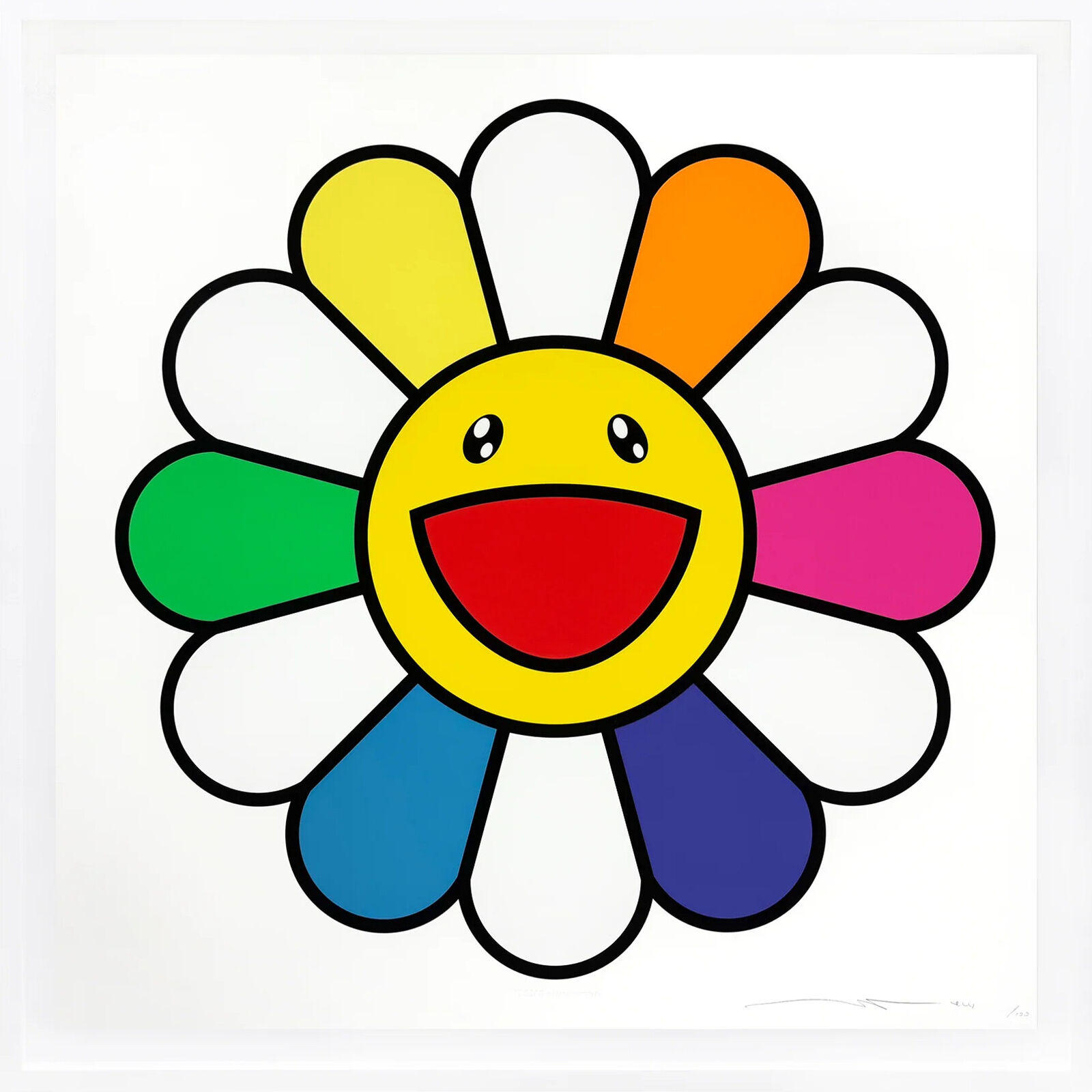 A colorful flower with a smiley face on it.