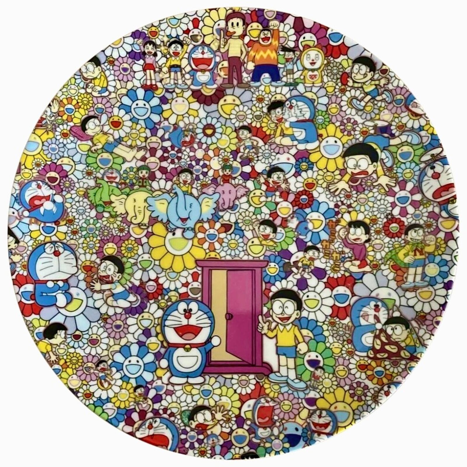 A circle of cartoon characters in a colorful pattern on a white background.