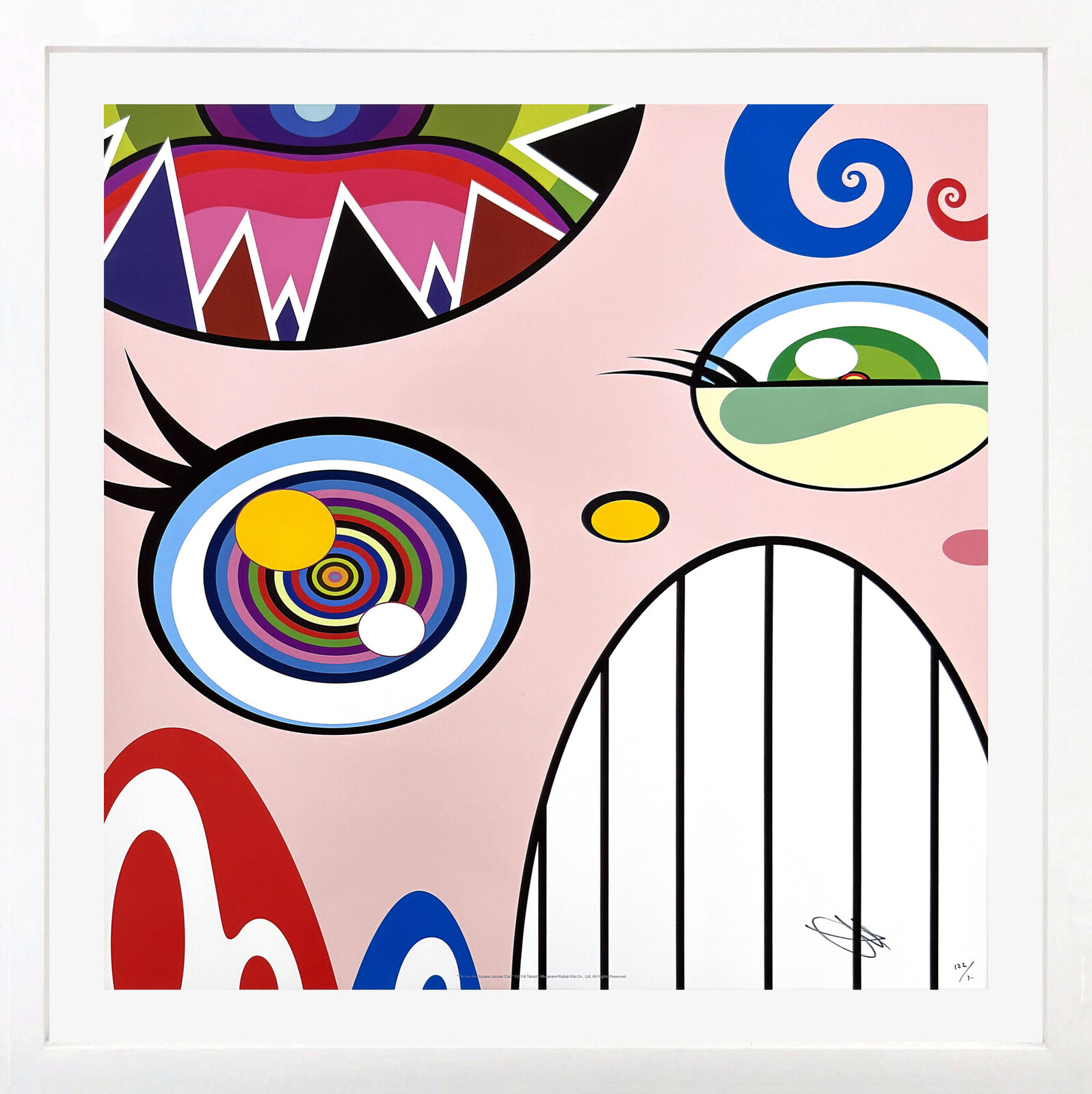 A colorful abstract portrait featuring a stylized face with large, patterned eyes and a wide mouth against a soft pink background.