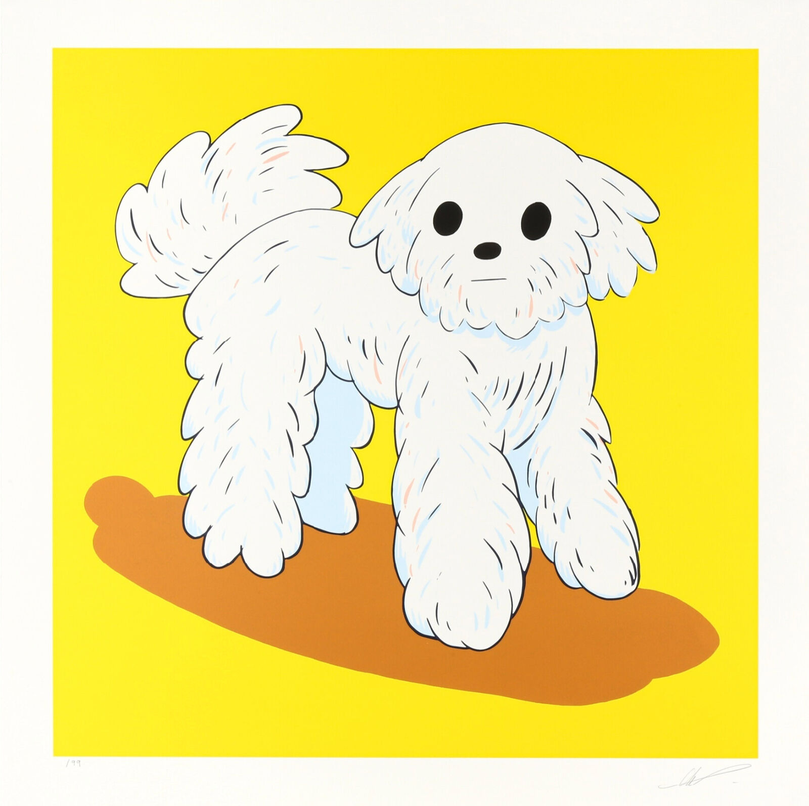 A white dog is standing on a yellow background.