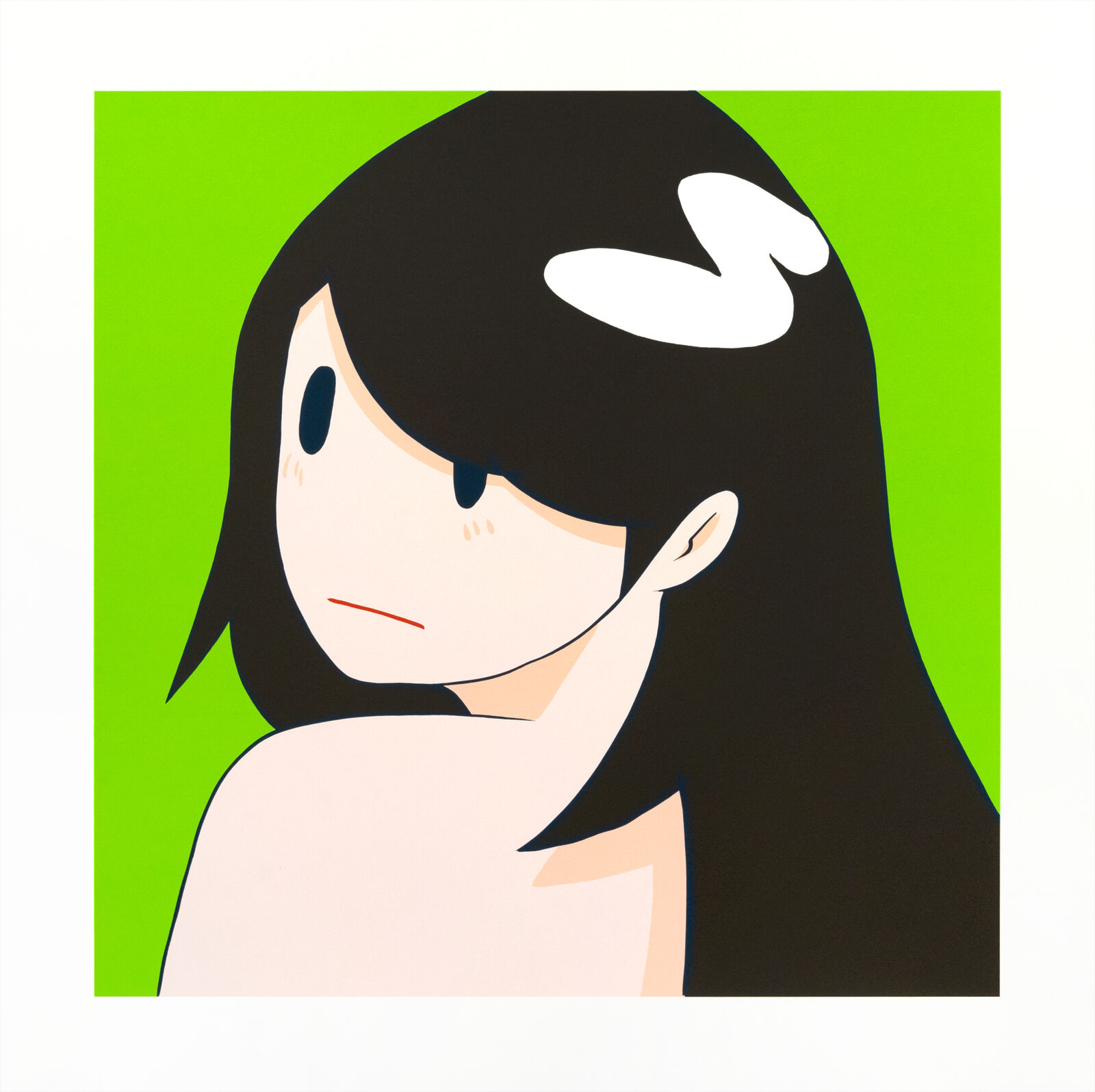 A drawing of a woman with long black hair and a green background.