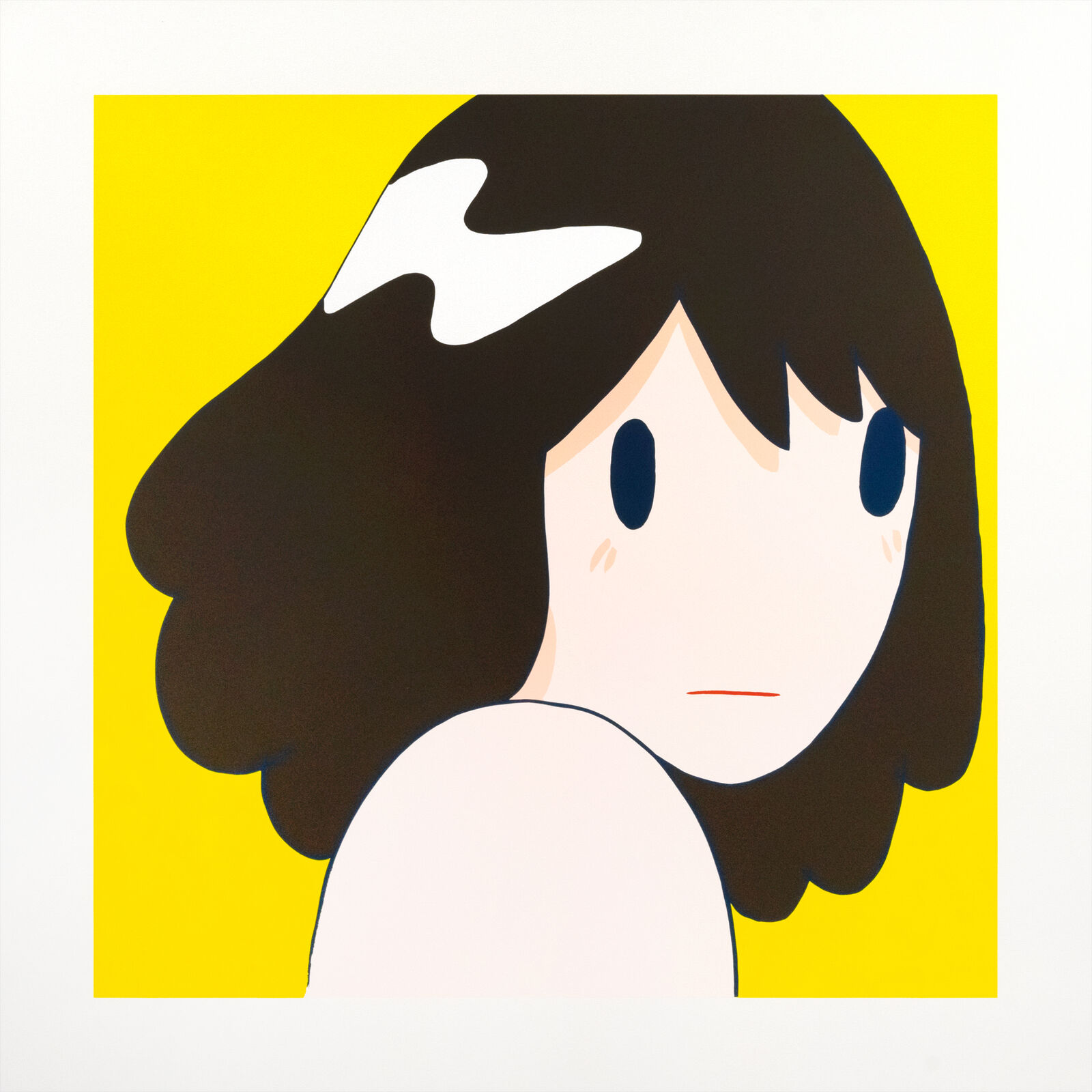 A painting of a girl with a white hat on her head.