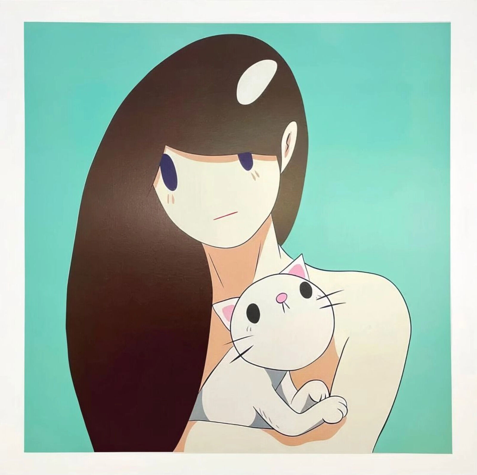 A woman holding a white cat in her arms.