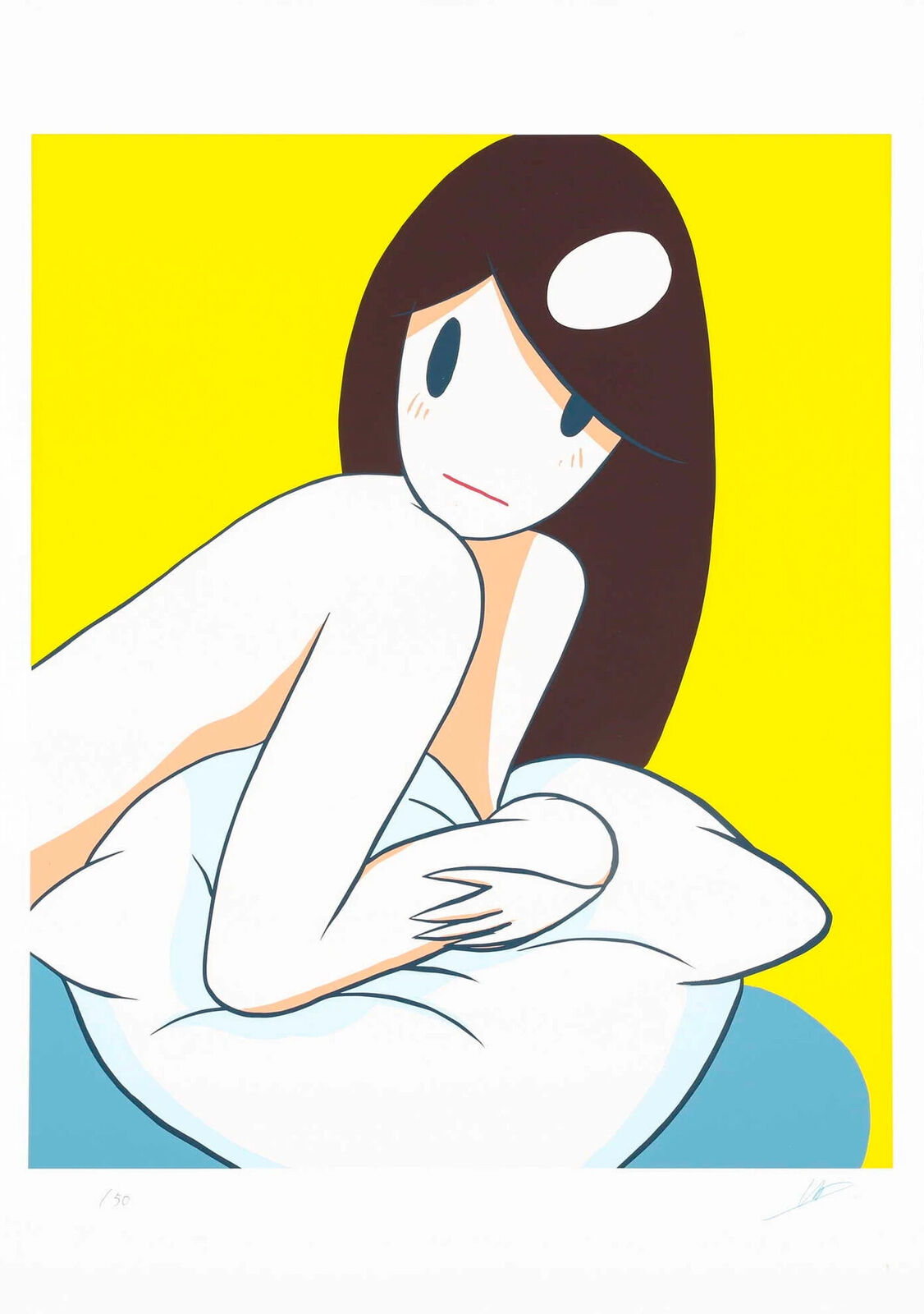 A drawing of a woman laying on a bed.