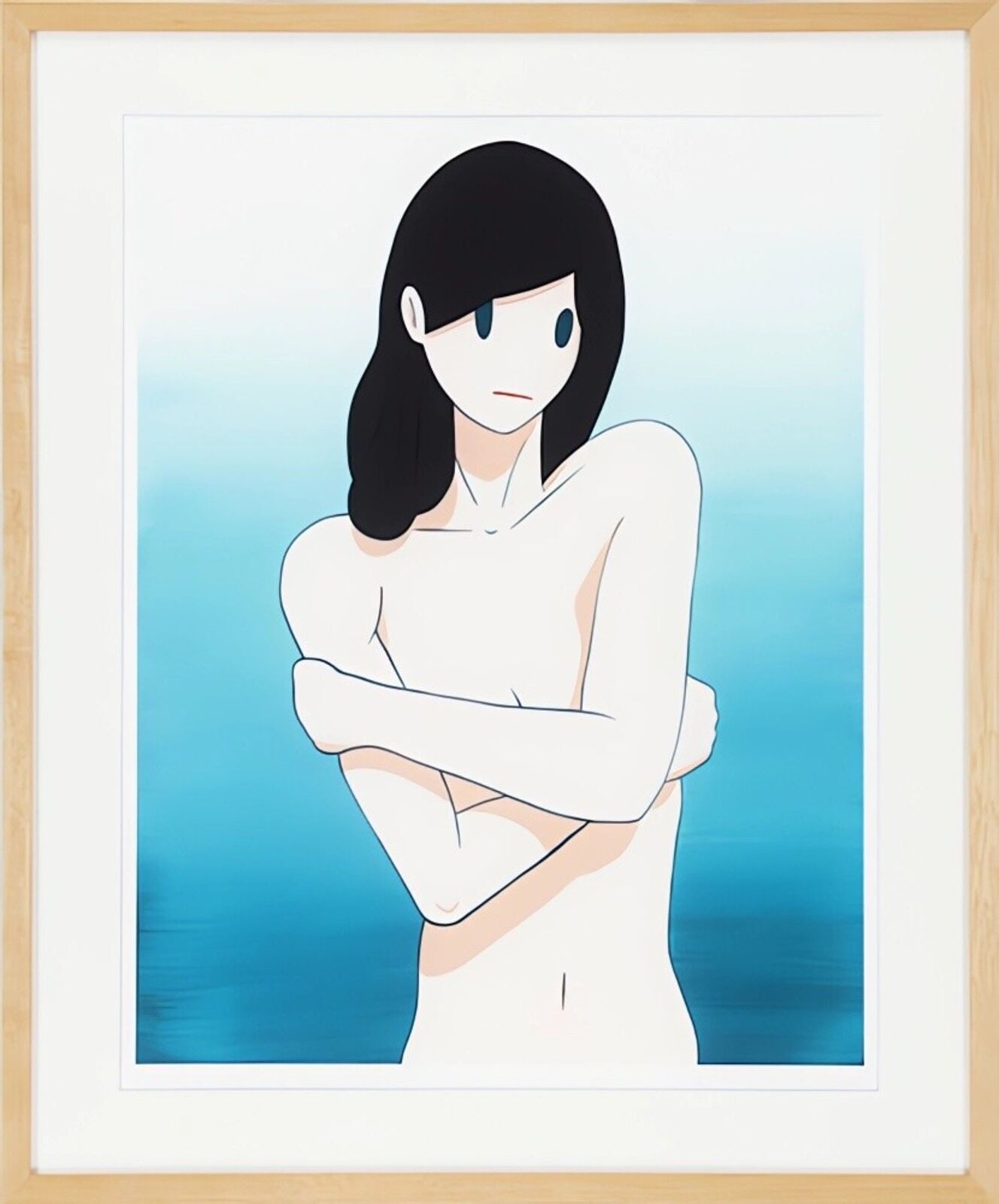 A painting of a woman with her arms crossed in front of a blue background.