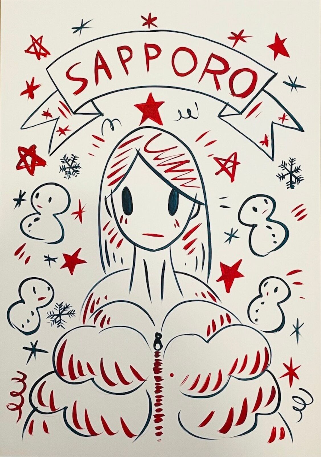 A drawing of a woman surrounded by snowflakes and stars.