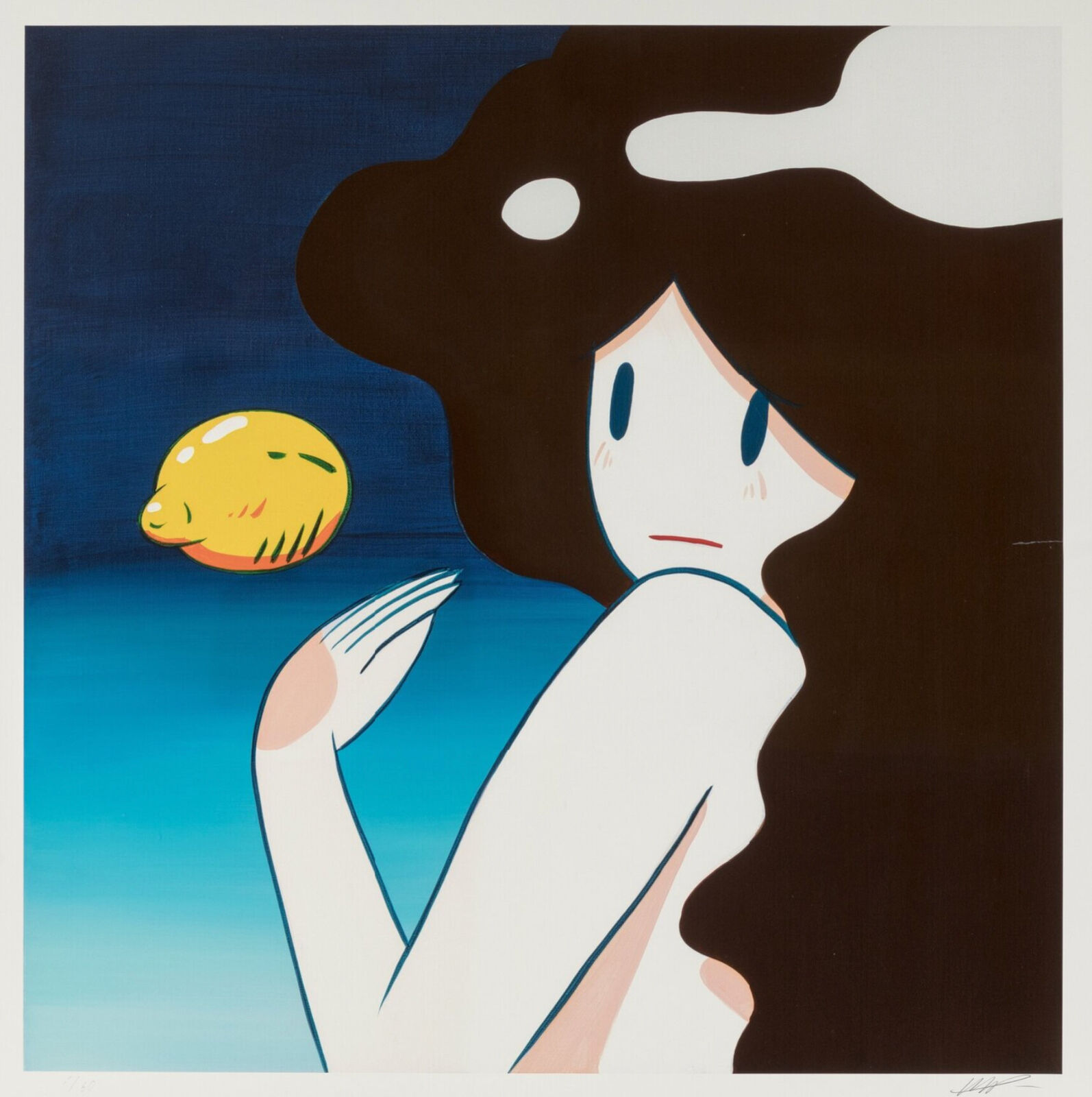 A painting of a woman holding a yellow ball in her hand.