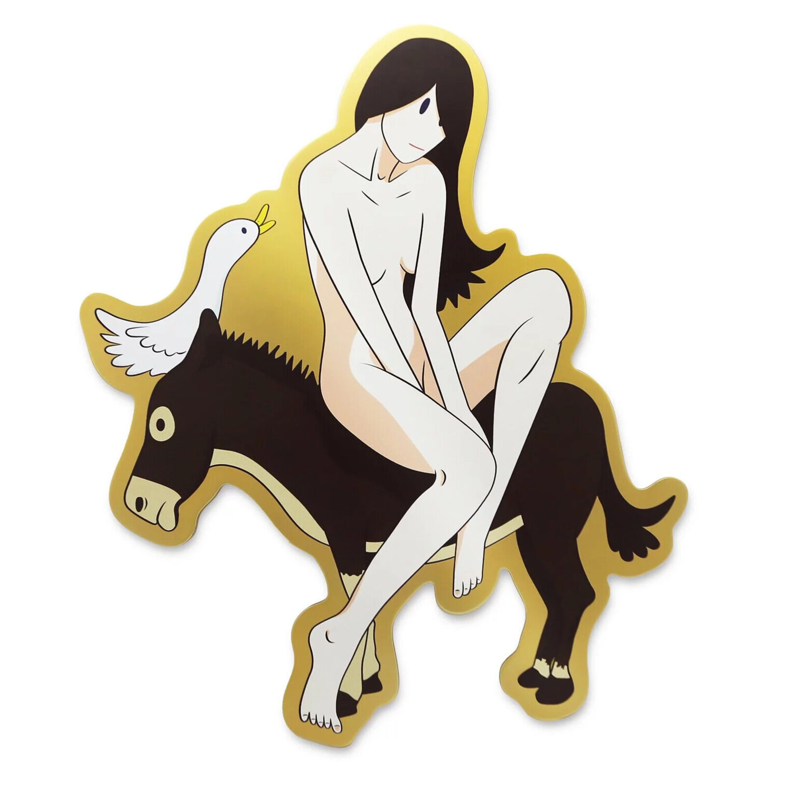 A woman sitting on top of a horse with a bird on its back.