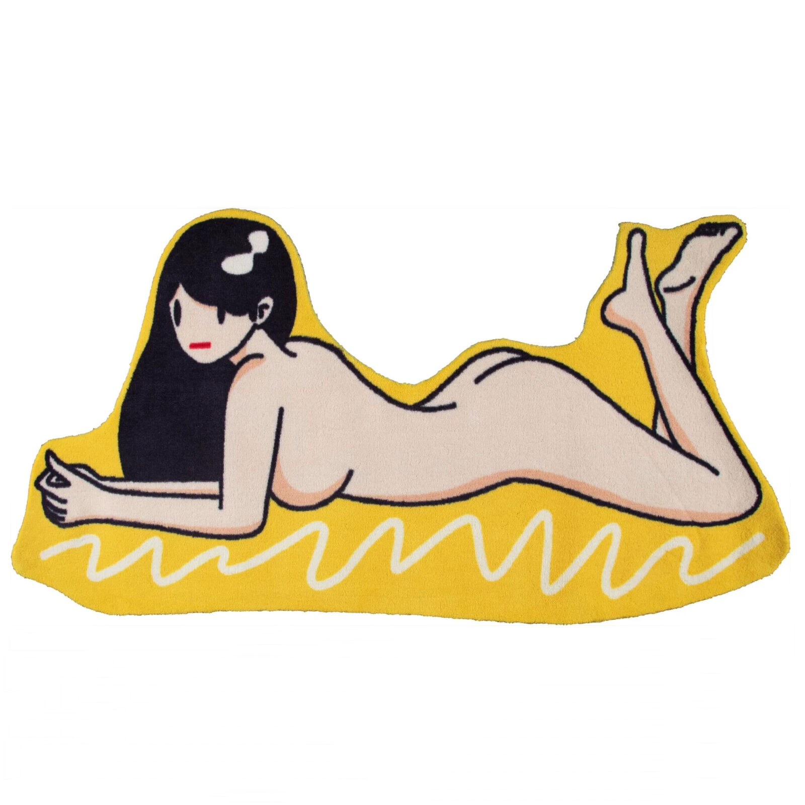 A drawing of a woman laying down on a yellow rug.