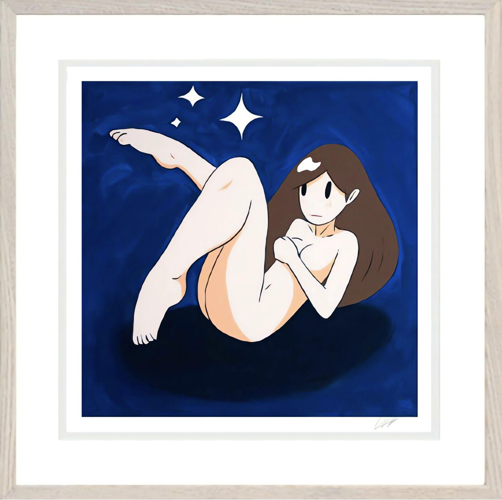 A painting of a woman laying down on a blue background.