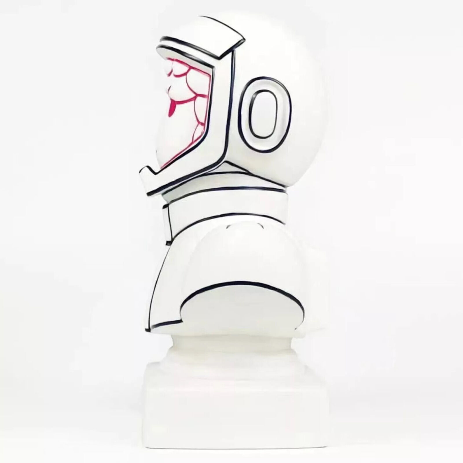 A white bust of a man in a space suit with a red light on his head.